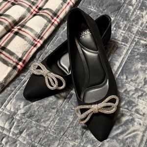 Nine West Black Suede Flats with Silver Rhinestone Bow - 8.5